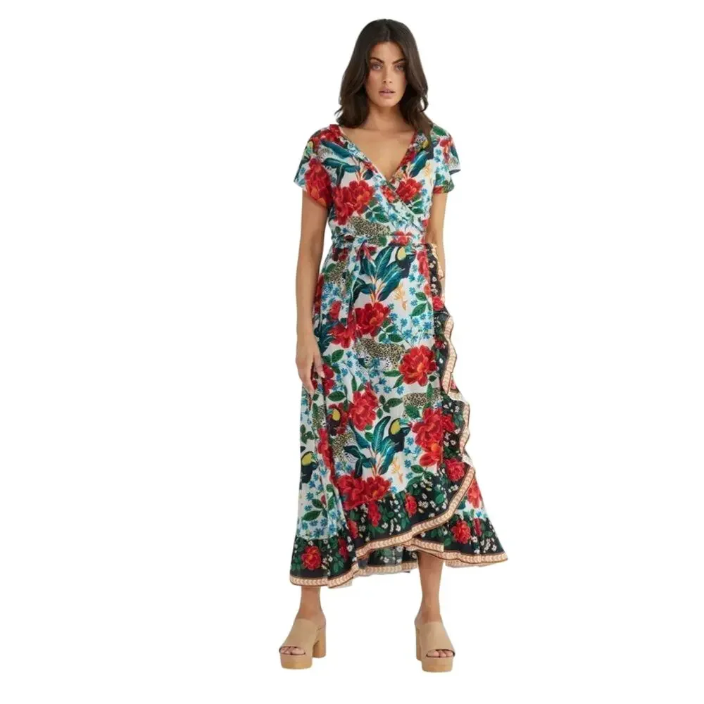 Talisman Toledo Floral V-Neck Ruffle Palm Springs Boho Cotton Wrap Dress M - Picture 3 of 5
